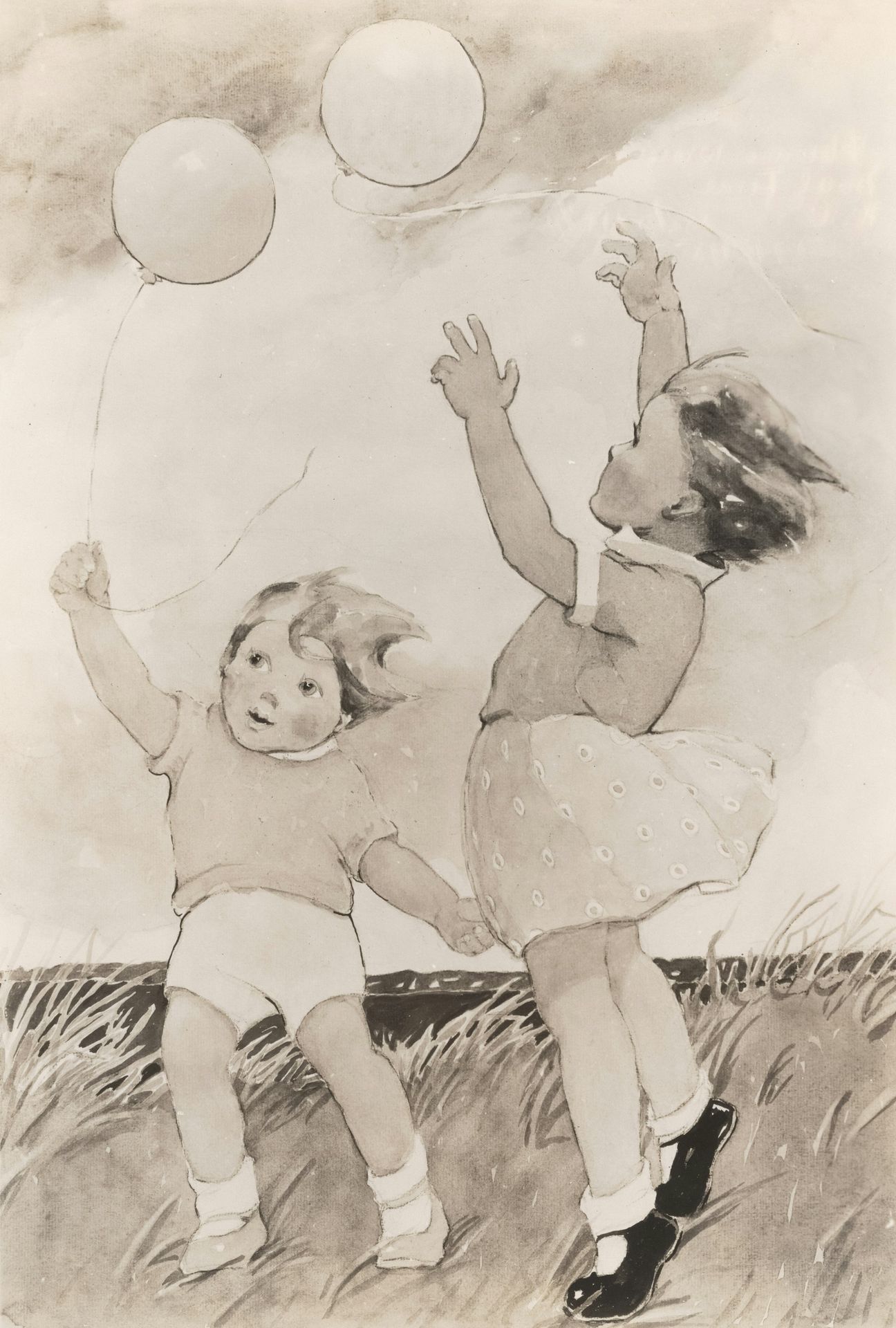 a drawing of two children playing with balloons